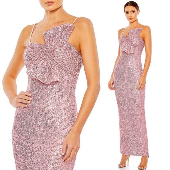 NWT Mac Duggal Sequined Strapless Faux Bow Column Gown Rose‎ Pink 11284 Sz 4